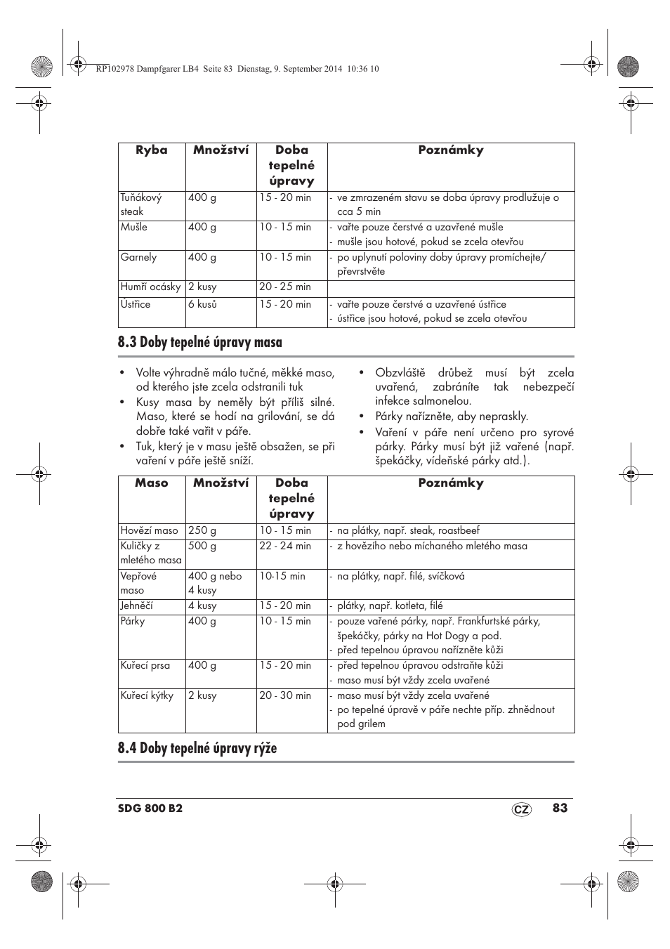 3 doby tepelné úpravy masa, 4 doby tepelné úpravy rýže | Silvercrest SDG 800 B2 User Manual | Page 85 / 130