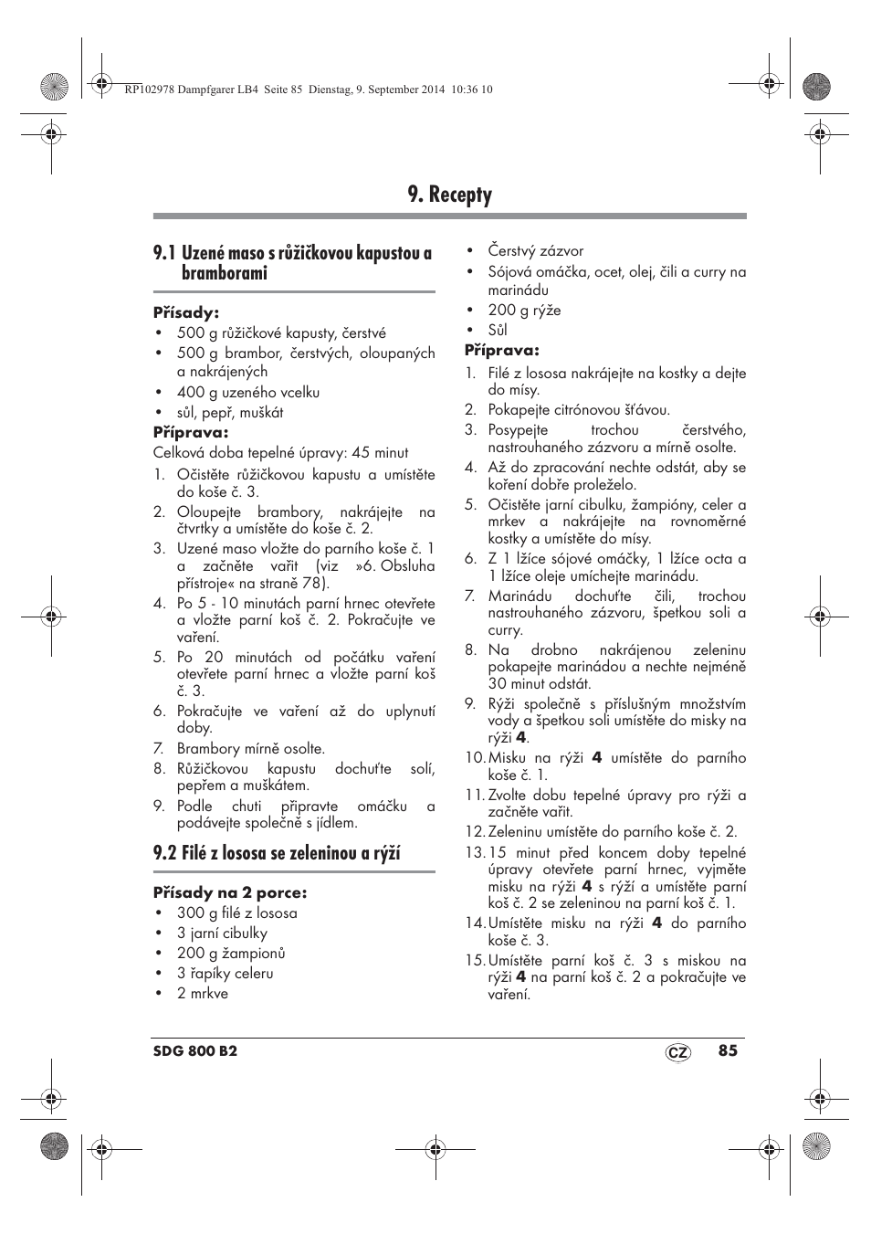 Recepty, 1 uzené maso s růžičkovou kapustou a bramborami, 2 filé z lososa se zeleninou a rýží | Silvercrest SDG 800 B2 User Manual | Page 87 / 130