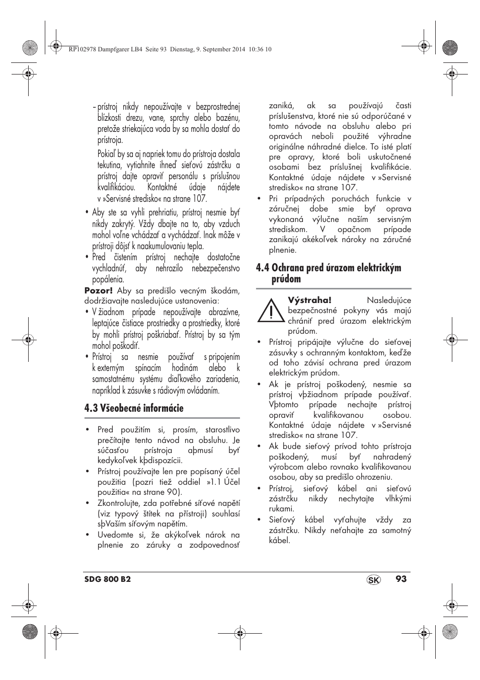 3 všeobecné informácie, 4 ochrana pred úrazom elektrickým prúdom | Silvercrest SDG 800 B2 User Manual | Page 95 / 130