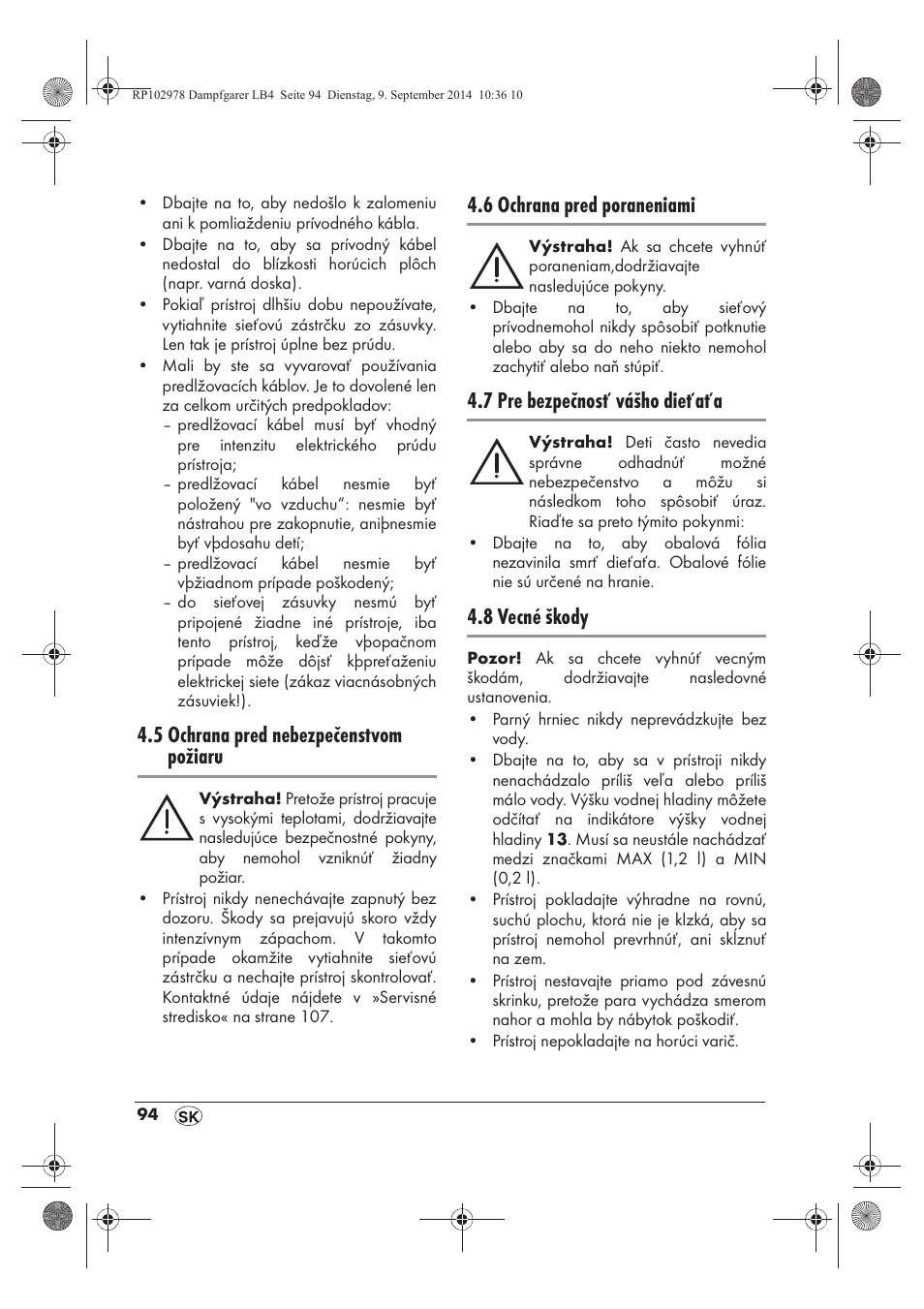5 ochrana pred nebezpečenstvom požiaru, 6 ochrana pred poraneniami, 7 pre bezpečnosť vášho dieťaťa | 8 vecné škody | Silvercrest SDG 800 B2 User Manual | Page 96 / 130
