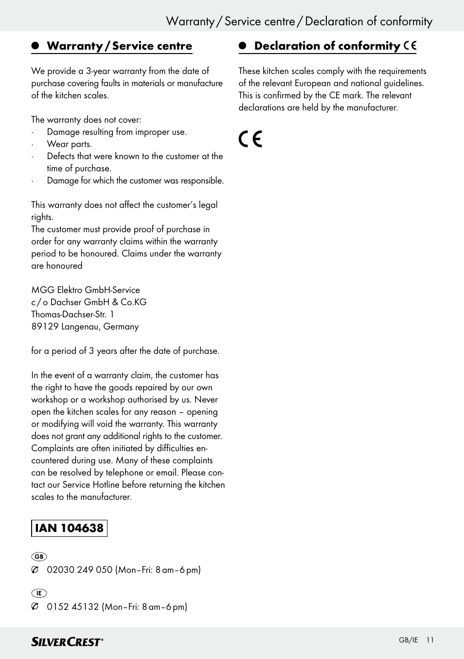 Warranty / service centre, Declaration of conformity | Silvercrest SKWD B1 User Manual | Page 11 / 61