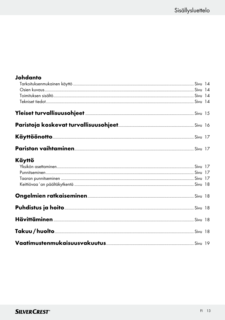 Sisällysluettelo | Silvercrest SKWD B1 User Manual | Page 13 / 61