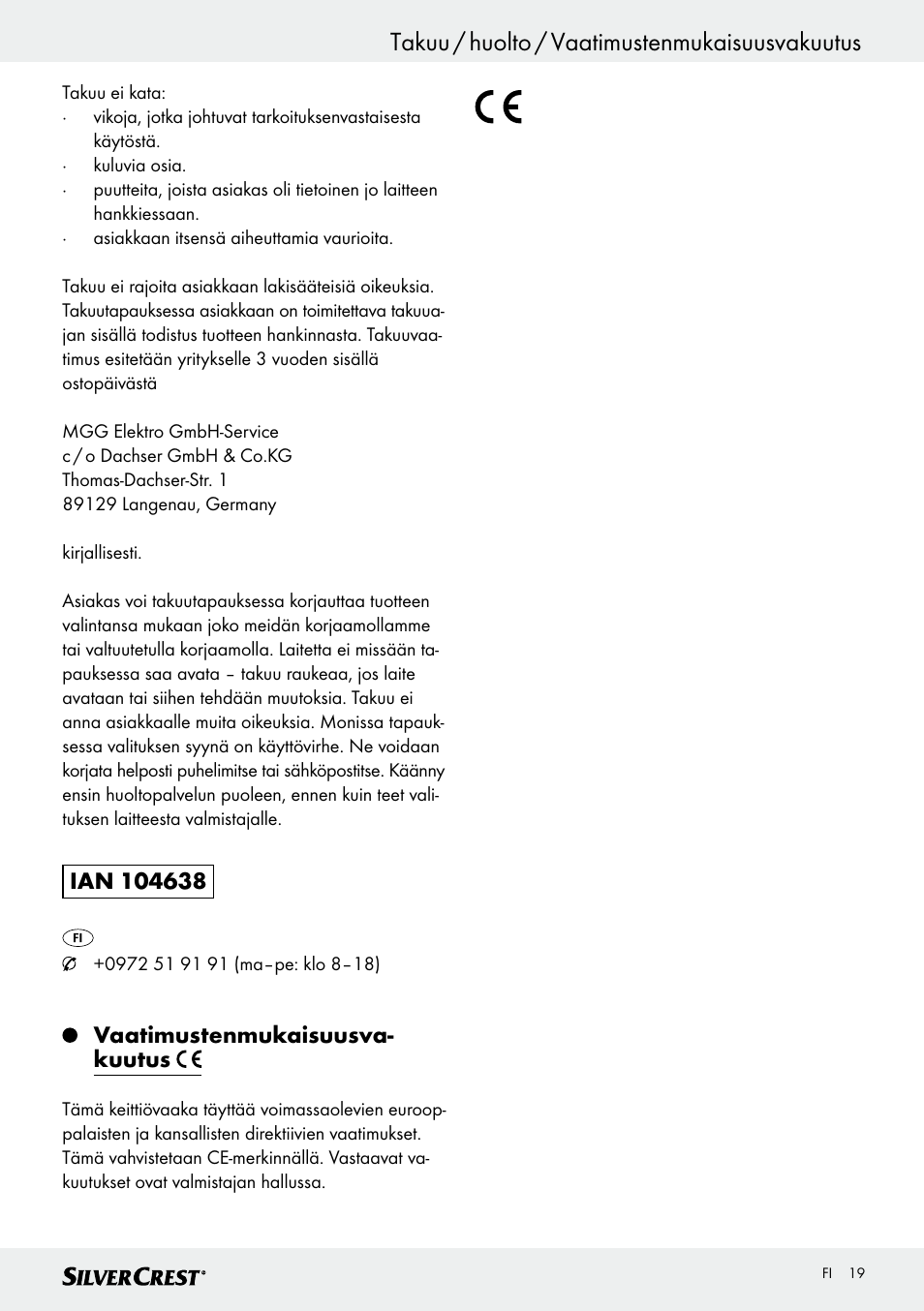 Takuu / huolto / vaatimustenmukaisuusvakuutus, Vaatimustenmukaisuusva- kuutus | Silvercrest SKWD B1 User Manual | Page 19 / 61