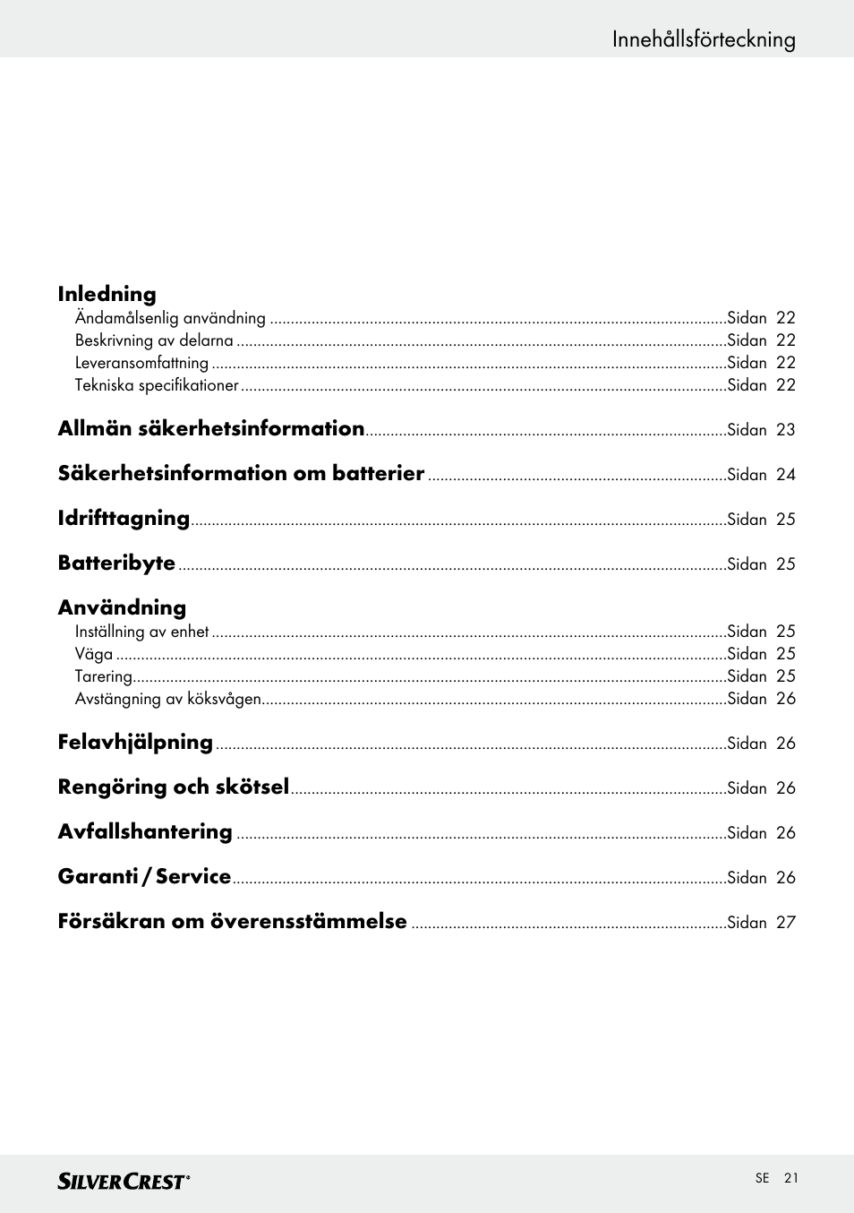 Innehållsförteckning | Silvercrest SKWD B1 User Manual | Page 21 / 61
