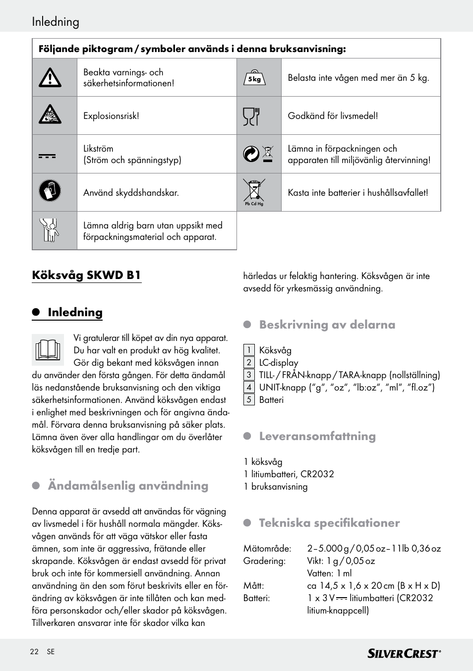 Inledning, Köksvåg skwd b1 inledning, Ändamålsenlig användning | Beskrivning av delarna, Leveransomfattning, Tekniska specifikationer | Silvercrest SKWD B1 User Manual | Page 22 / 61