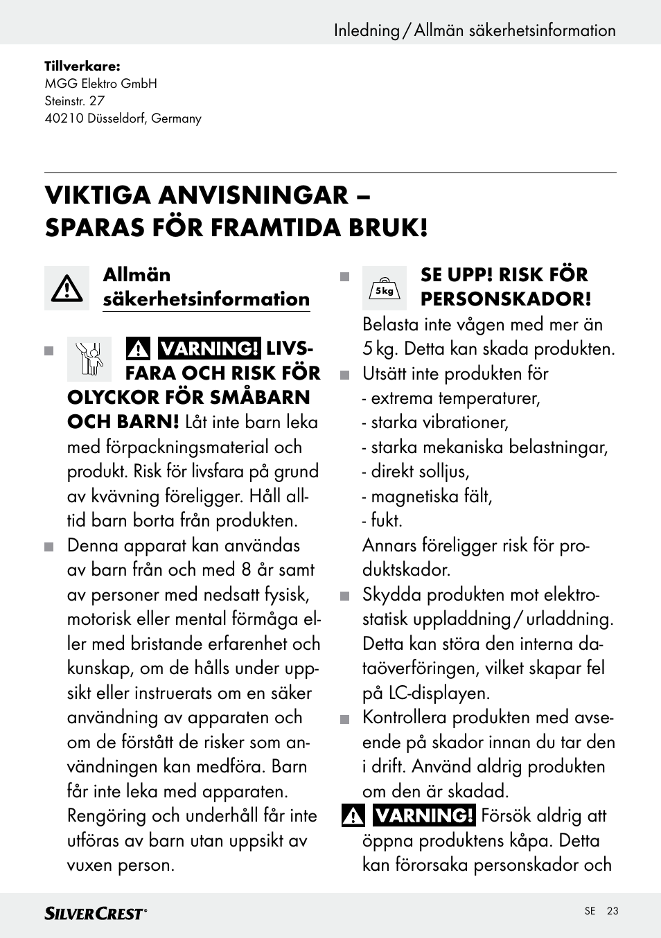 Viktiga anvisningar – sparas för framtida bruk | Silvercrest SKWD B1 User Manual | Page 23 / 61