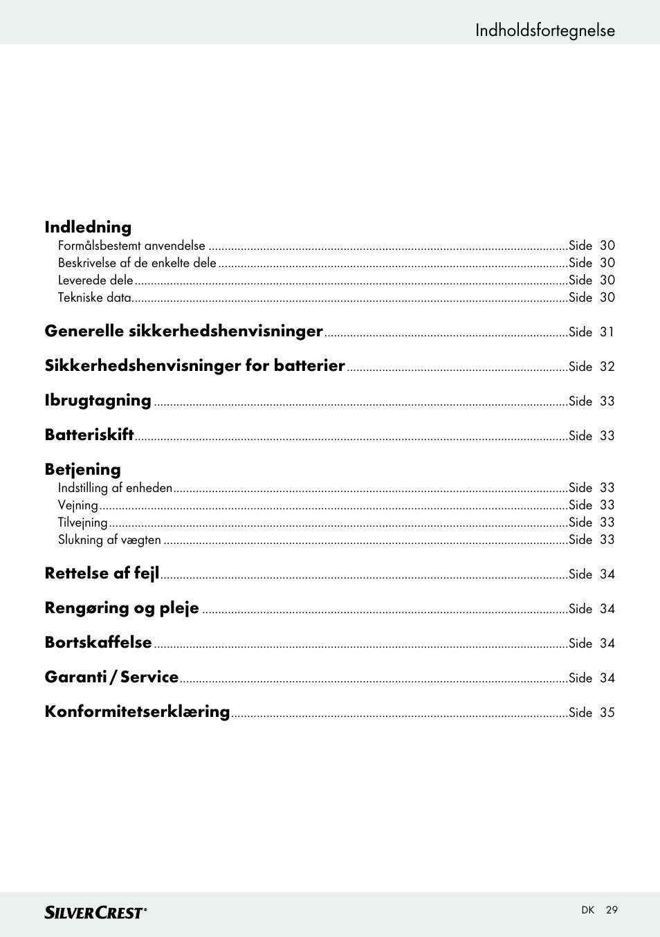 Indholdsfortegnelse | Silvercrest SKWD B1 User Manual | Page 29 / 61