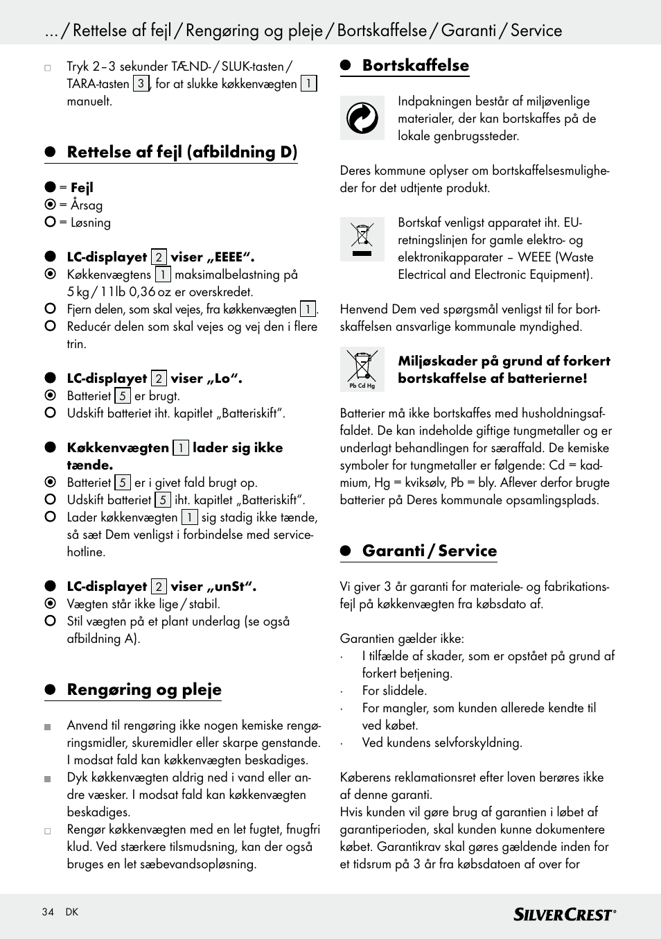 Rettelse af fejl (afbildning d), Rengøring og pleje, Bortskaffelse | Garanti / service | Silvercrest SKWD B1 User Manual | Page 34 / 61