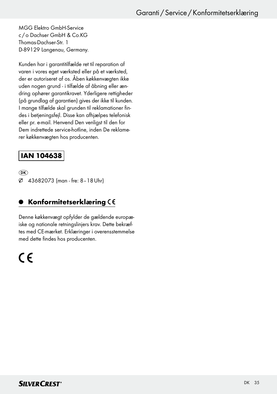 Garanti / service / konformitetserklæring, Konformitetserklæring | Silvercrest SKWD B1 User Manual | Page 35 / 61