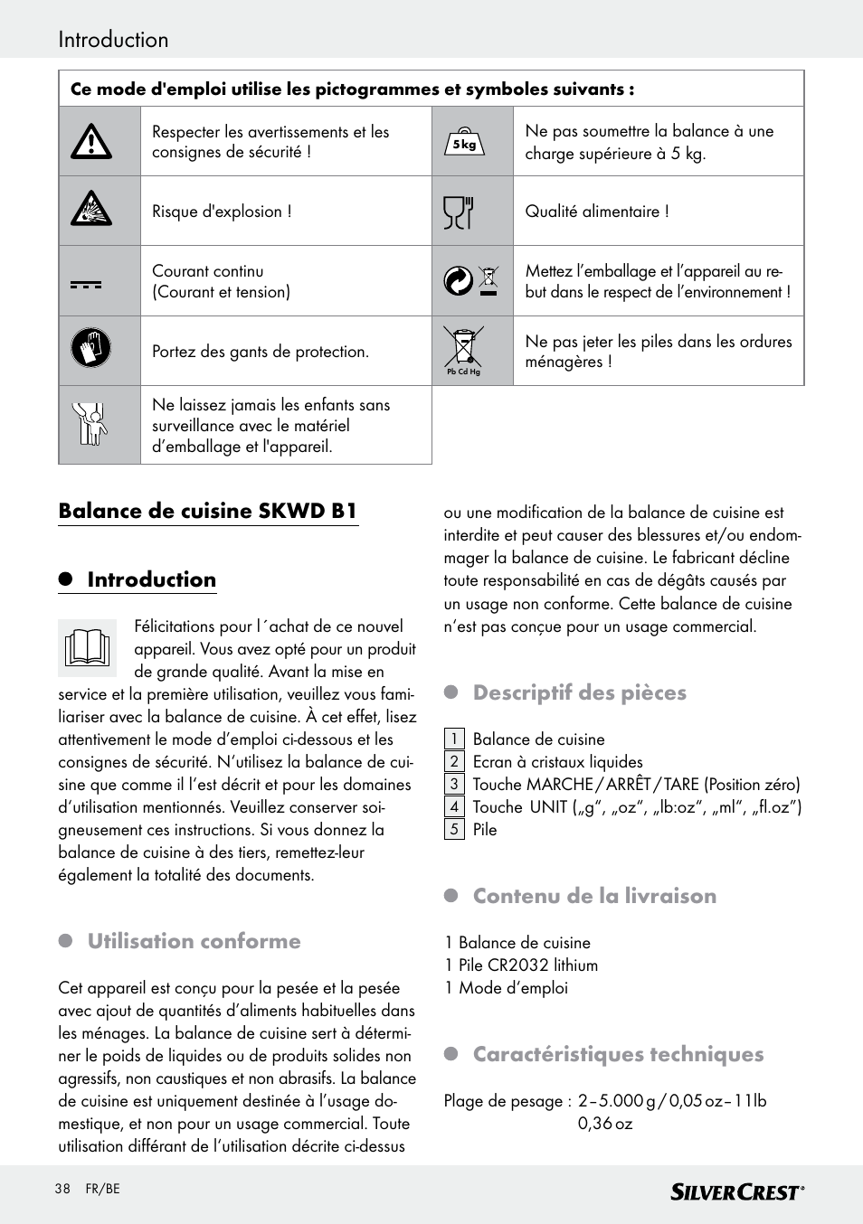 Introduction, Balance de cuisine skwd b1 introduction, Utilisation conforme | Descriptif des pièces, Contenu de la livraison, Caractéristiques techniques | Silvercrest SKWD B1 User Manual | Page 38 / 61