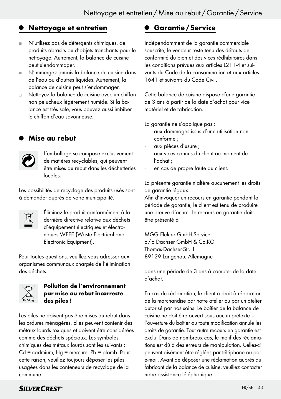 Nettoyage et entretien, Mise au rebut, Garantie / service | Silvercrest SKWD B1 User Manual | Page 43 / 61