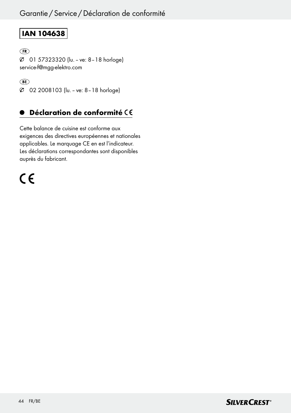 Garantie / service / déclaration de conformité, Déclaration de conformité | Silvercrest SKWD B1 User Manual | Page 44 / 61