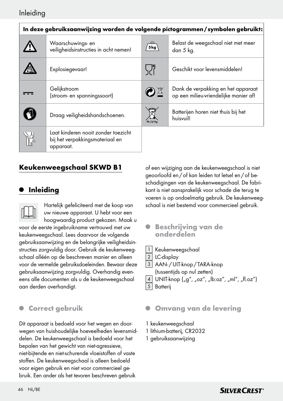 Inleiding, Keukenweegschaal skwd b1 inleiding, Correct gebruik | Beschrijving van de onderdelen, Omvang van de levering | Silvercrest SKWD B1 User Manual | Page 46 / 61