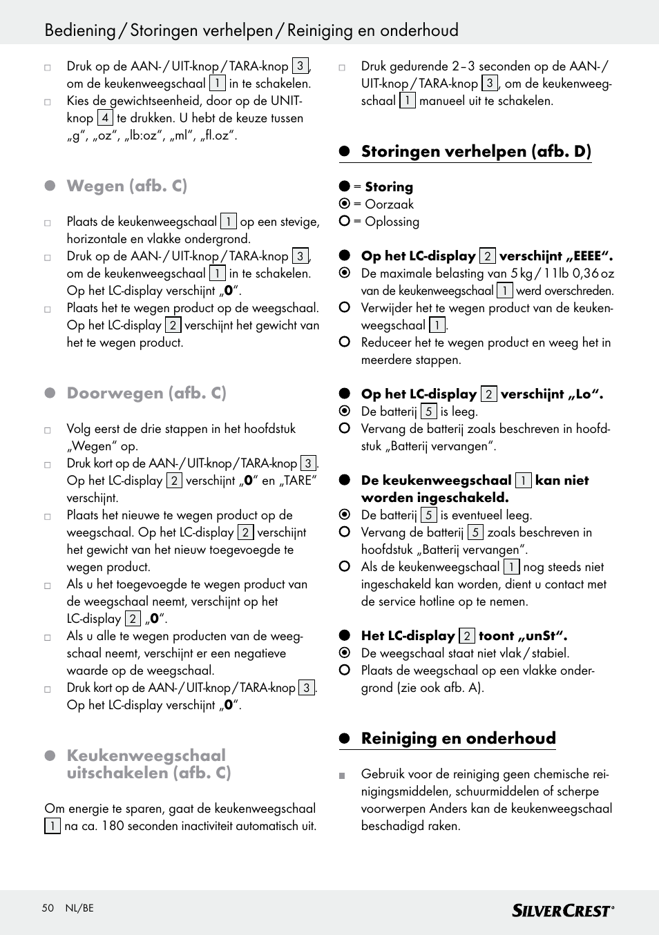 Wegen (afb. c), Doorwegen (afb. c), Keukenweegschaal uitschakelen (afb. c) | Storingen verhelpen (afb. d), Reiniging en onderhoud | Silvercrest SKWD B1 User Manual | Page 50 / 61