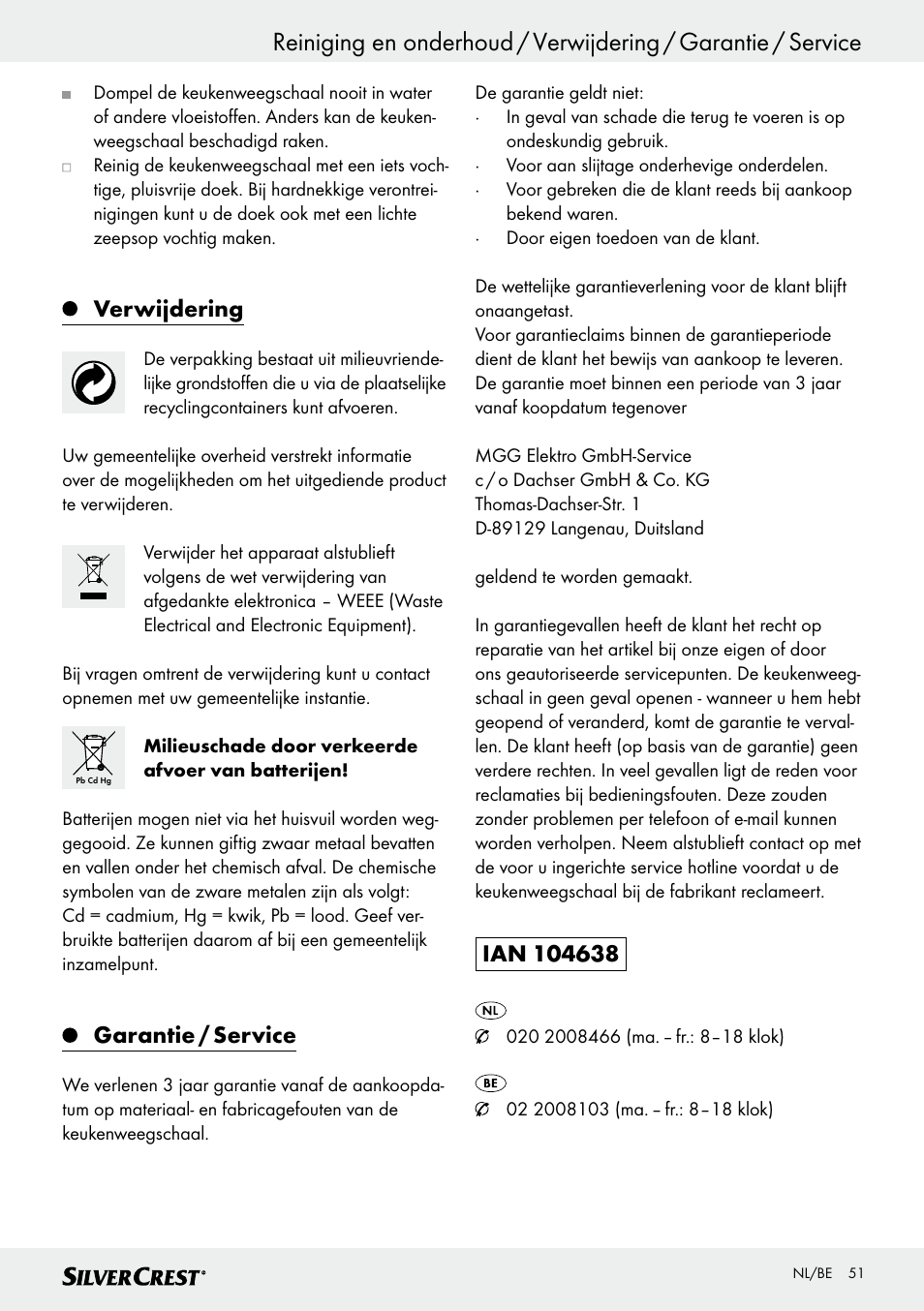 Verwijdering, Garantie / service | Silvercrest SKWD B1 User Manual | Page 51 / 61