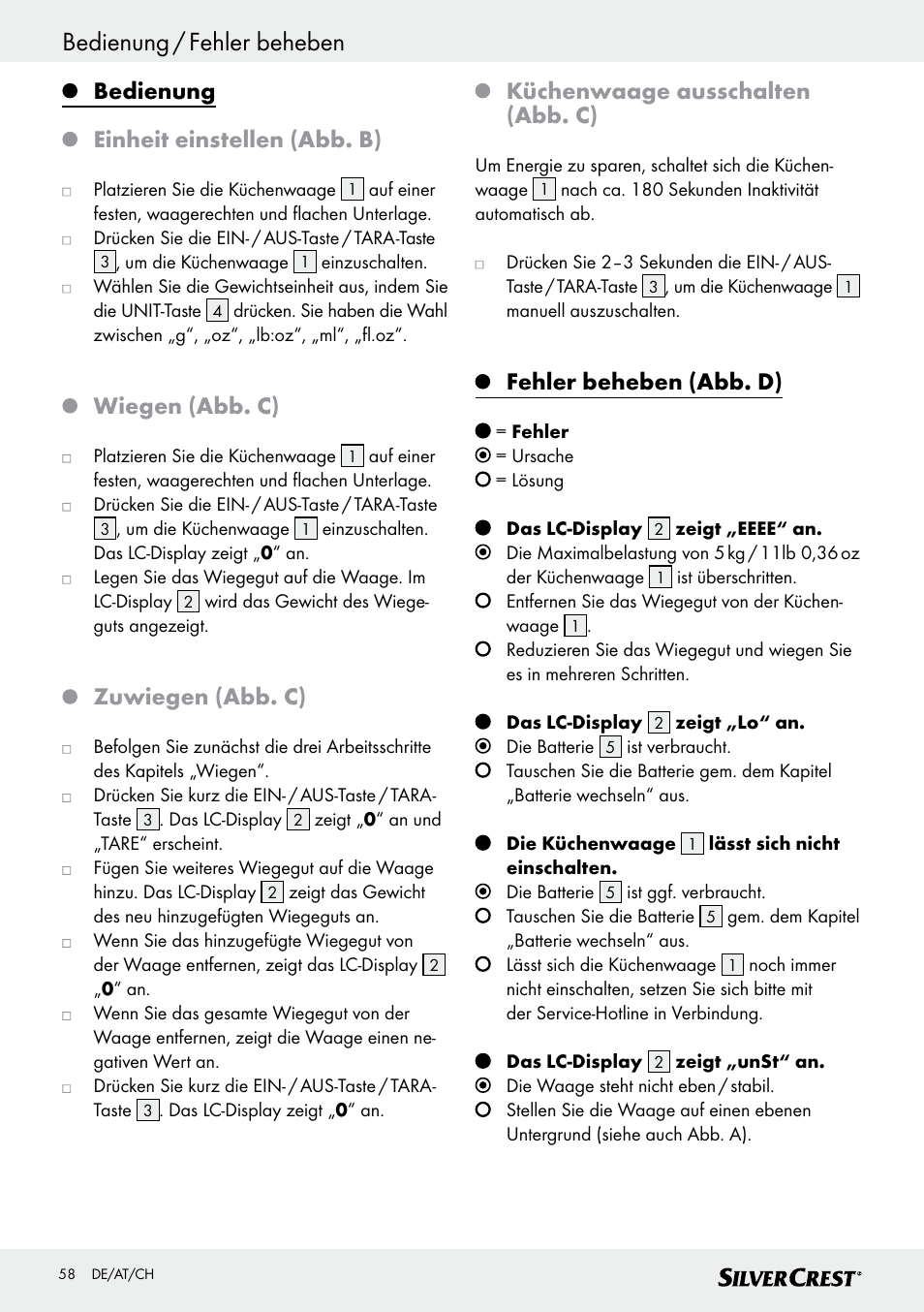 Bedienung / fehler beheben, Bedienung einheit einstellen (abb. b), Wiegen (abb. c) | Zuwiegen (abb. c), Küchenwaage ausschalten (abb. c), Fehler beheben (abb. d) | Silvercrest SKWD B1 User Manual | Page 58 / 61