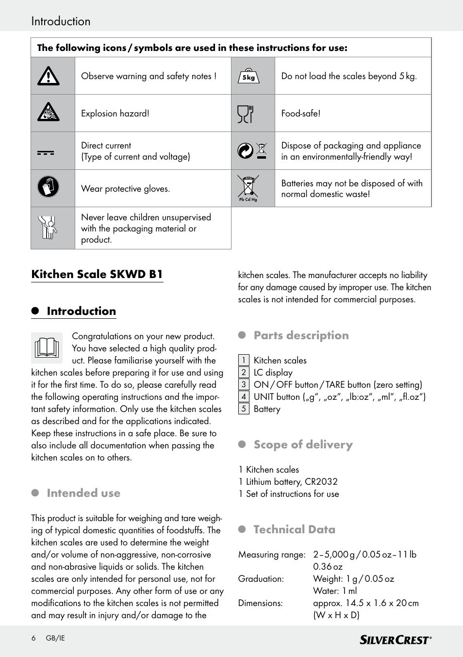 Introduction, Kitchen scale skwd b1 introduction, Intended use | Parts description, Scope of delivery, Technical data | Silvercrest SKWD B1 User Manual | Page 6 / 61