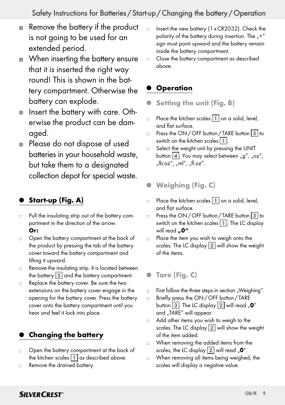 Start-up (fig. a), Changing the battery, Operation setting the unit (fig. b) | Weighing (fig. c), Tare (fig. c) | Silvercrest SKWD B1 User Manual | Page 9 / 61