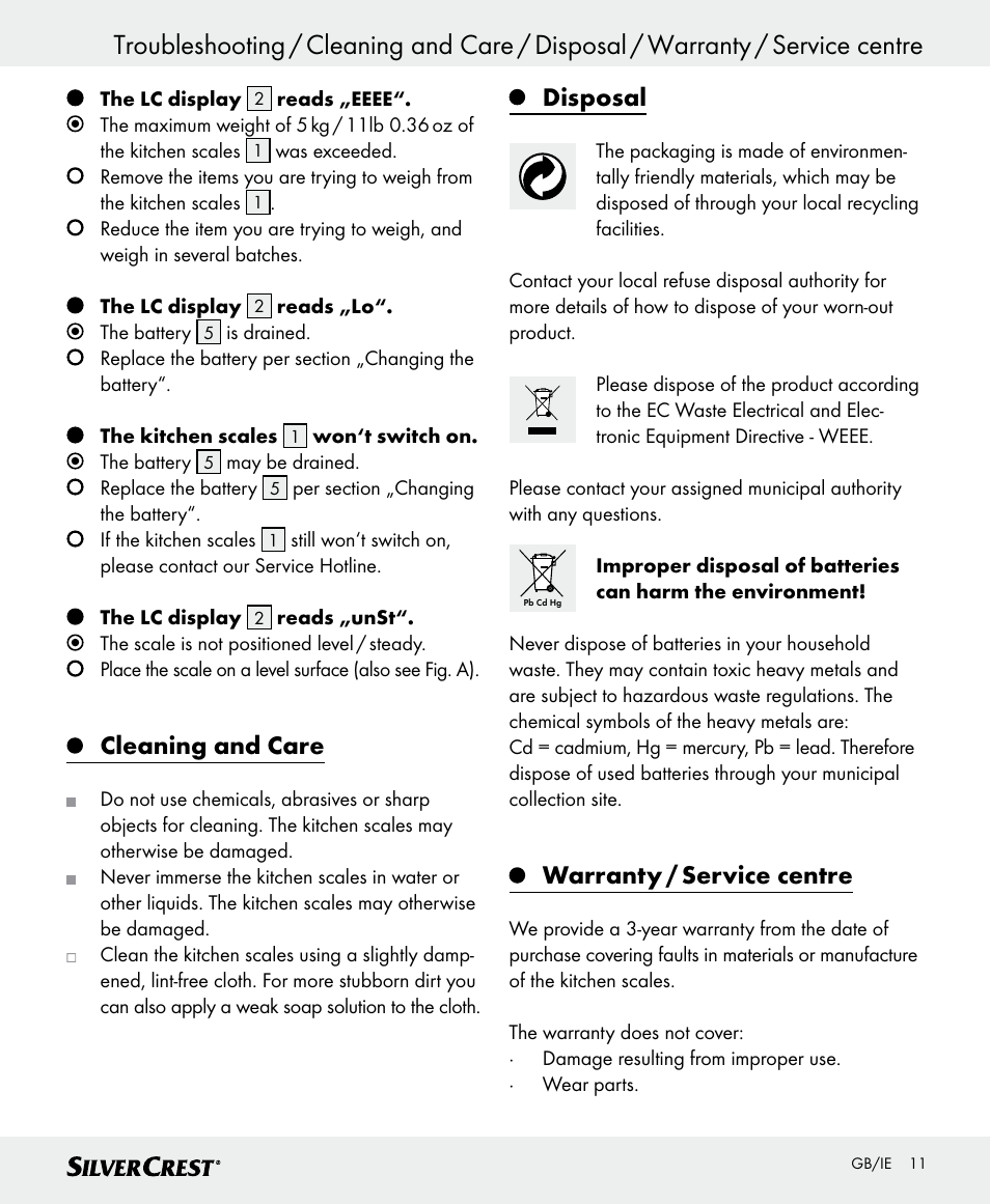 Cleaning and care, Disposal, Warranty / service centre | Silvercrest SKWD B1 User Manual | Page 11 / 66