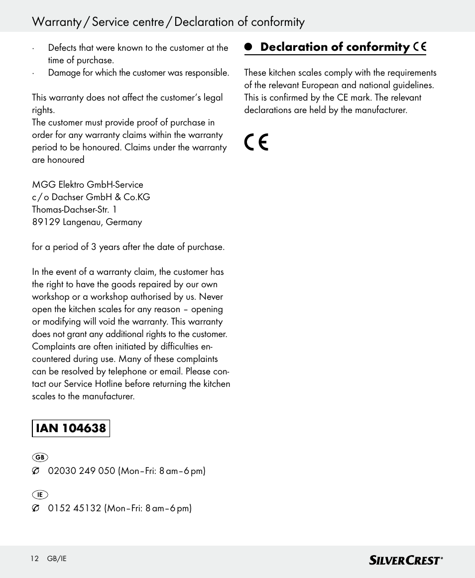 Declaration of conformity | Silvercrest SKWD B1 User Manual | Page 12 / 66