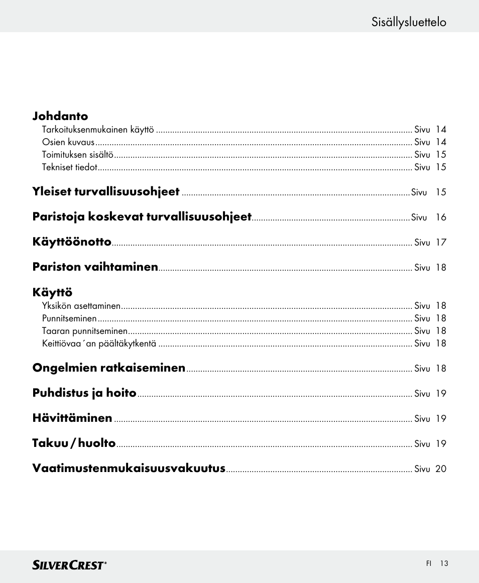 Sisällysluettelo | Silvercrest SKWD B1 User Manual | Page 13 / 66