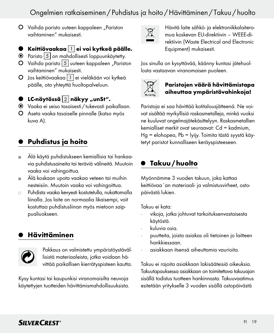 Puhdistus ja hoito, Hävittäminen, Takuu / huolto | Silvercrest SKWD B1 User Manual | Page 19 / 66