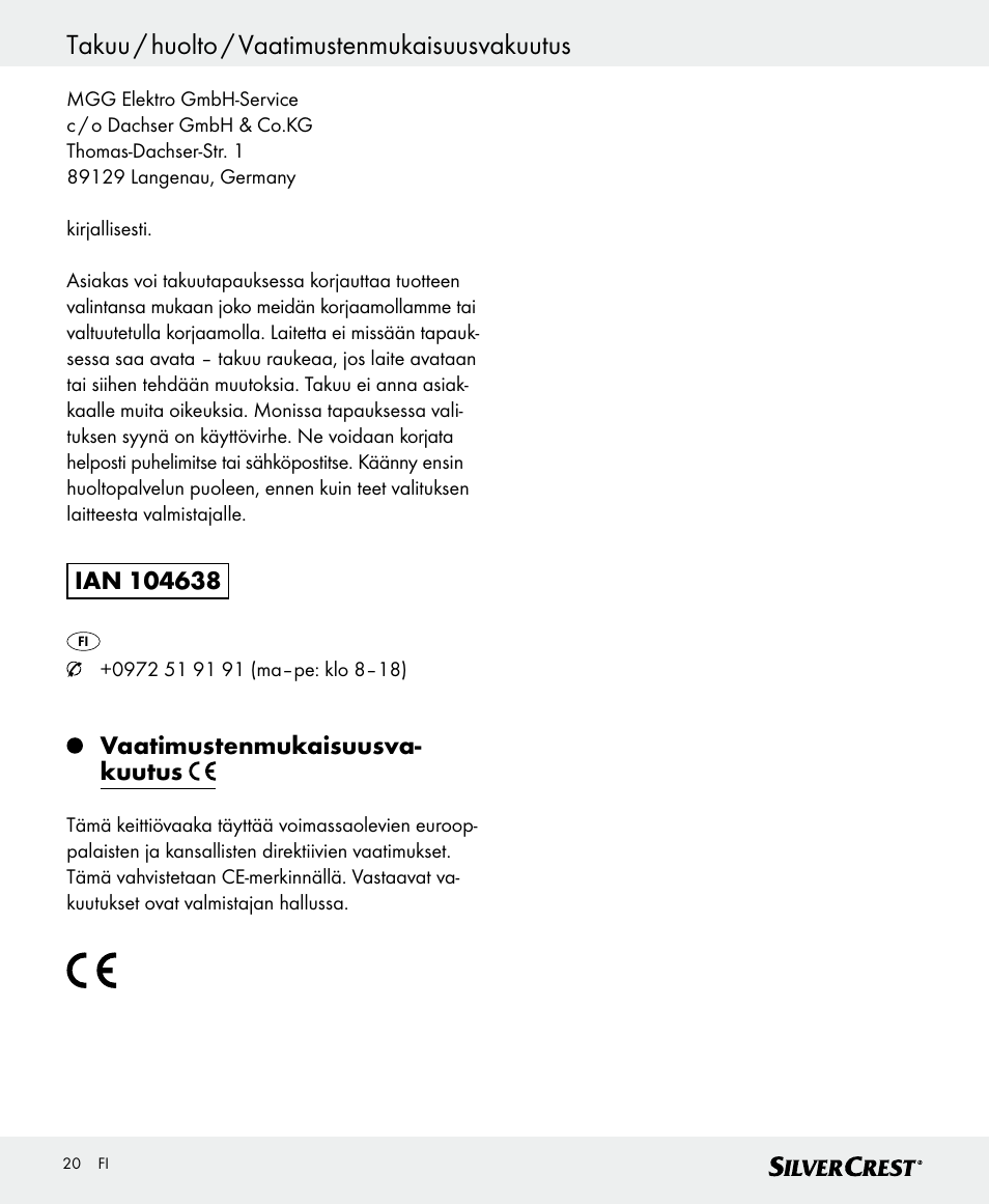 Takuu / huolto / vaatimustenmukaisuusvakuutus | Silvercrest SKWD B1 User Manual | Page 20 / 66