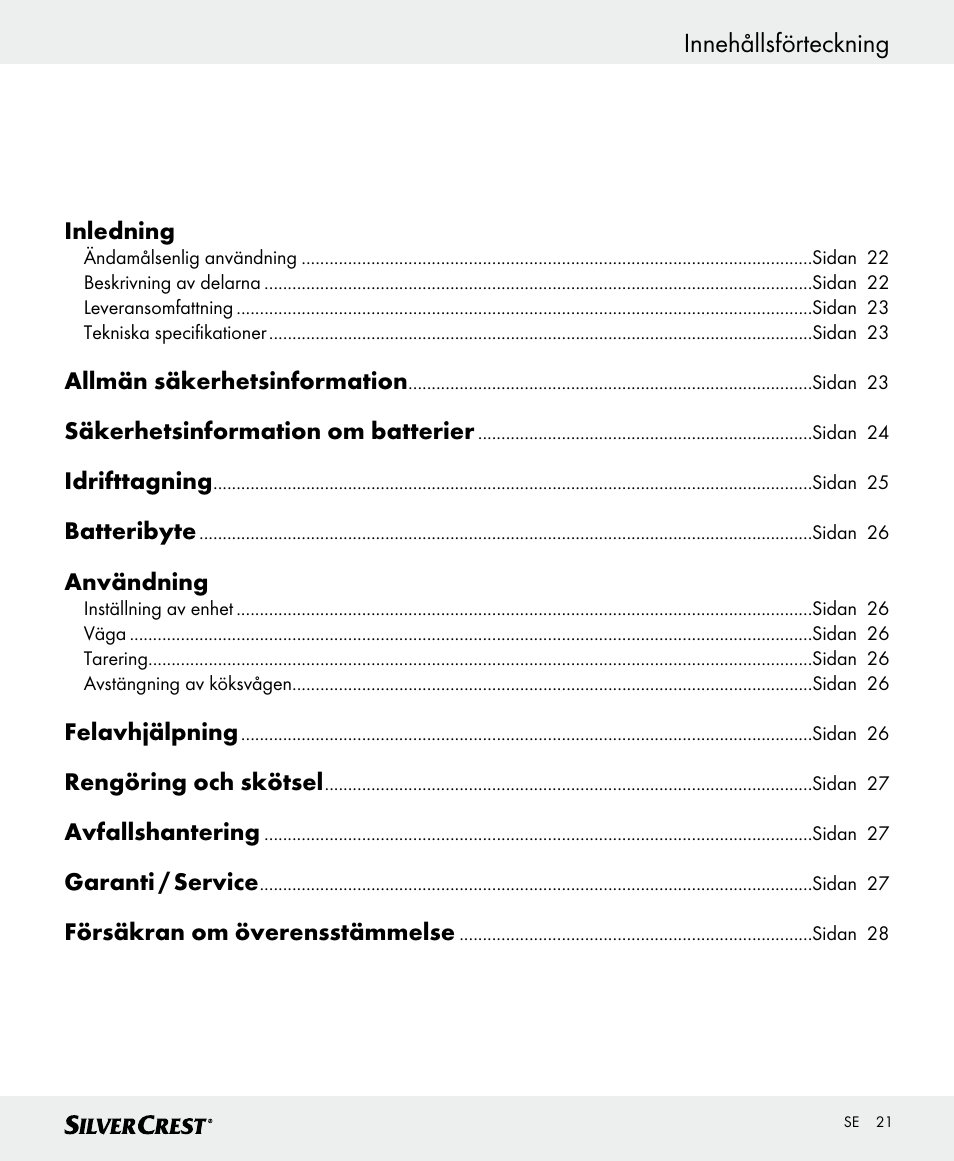 Innehållsförteckning | Silvercrest SKWD B1 User Manual | Page 21 / 66