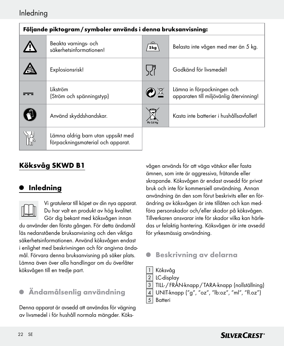 Inledning, Köksvåg skwd b1 inledning, Ändamålsenlig användning | Beskrivning av delarna | Silvercrest SKWD B1 User Manual | Page 22 / 66