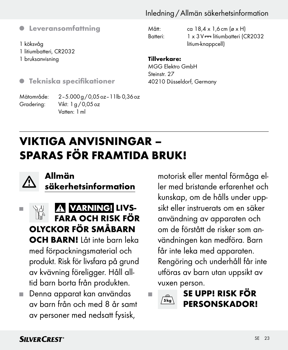 Viktiga anvisningar – sparas för framtida bruk, Se upp! risk för personskador | Silvercrest SKWD B1 User Manual | Page 23 / 66