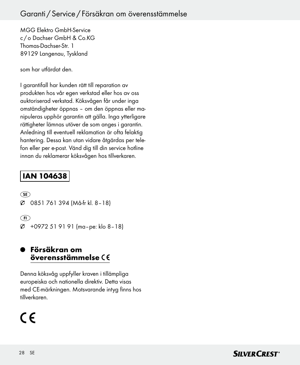 Garanti / service / försäkran om överensstämmelse, Försäkran om överensstämmelse | Silvercrest SKWD B1 User Manual | Page 28 / 66