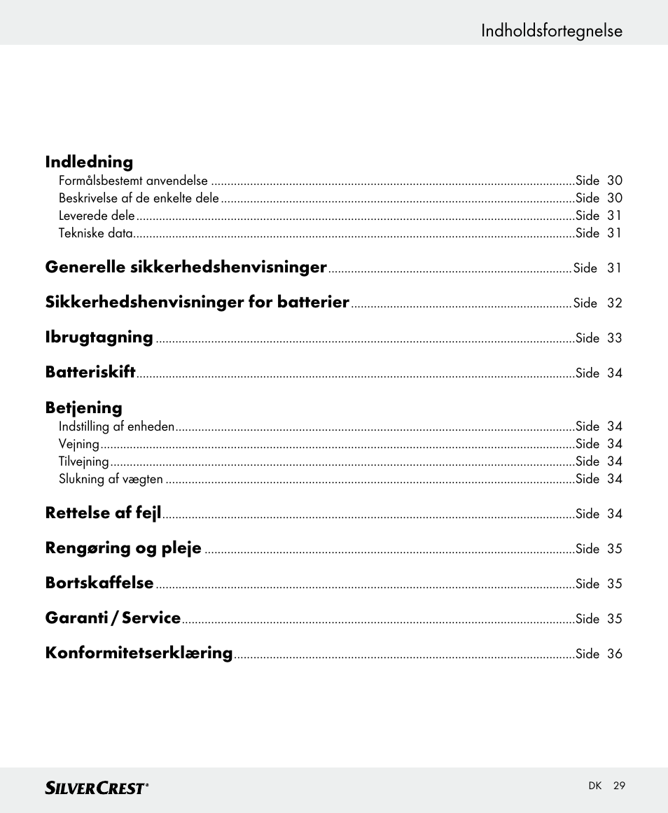 Indholdsfortegnelse | Silvercrest SKWD B1 User Manual | Page 29 / 66
