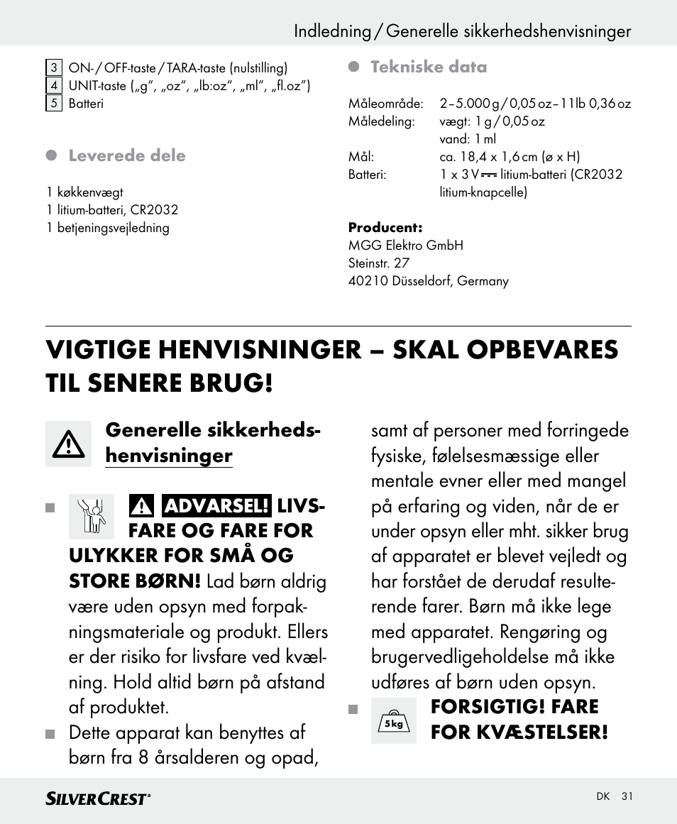Forsigtig! fare for kvæstelser | Silvercrest SKWD B1 User Manual | Page 31 / 66