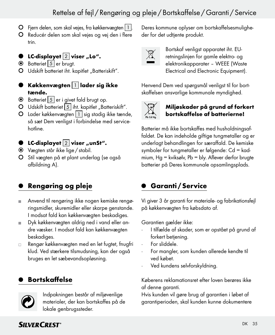 Rengøring og pleje, Bortskaffelse, Garanti / service | Silvercrest SKWD B1 User Manual | Page 35 / 66