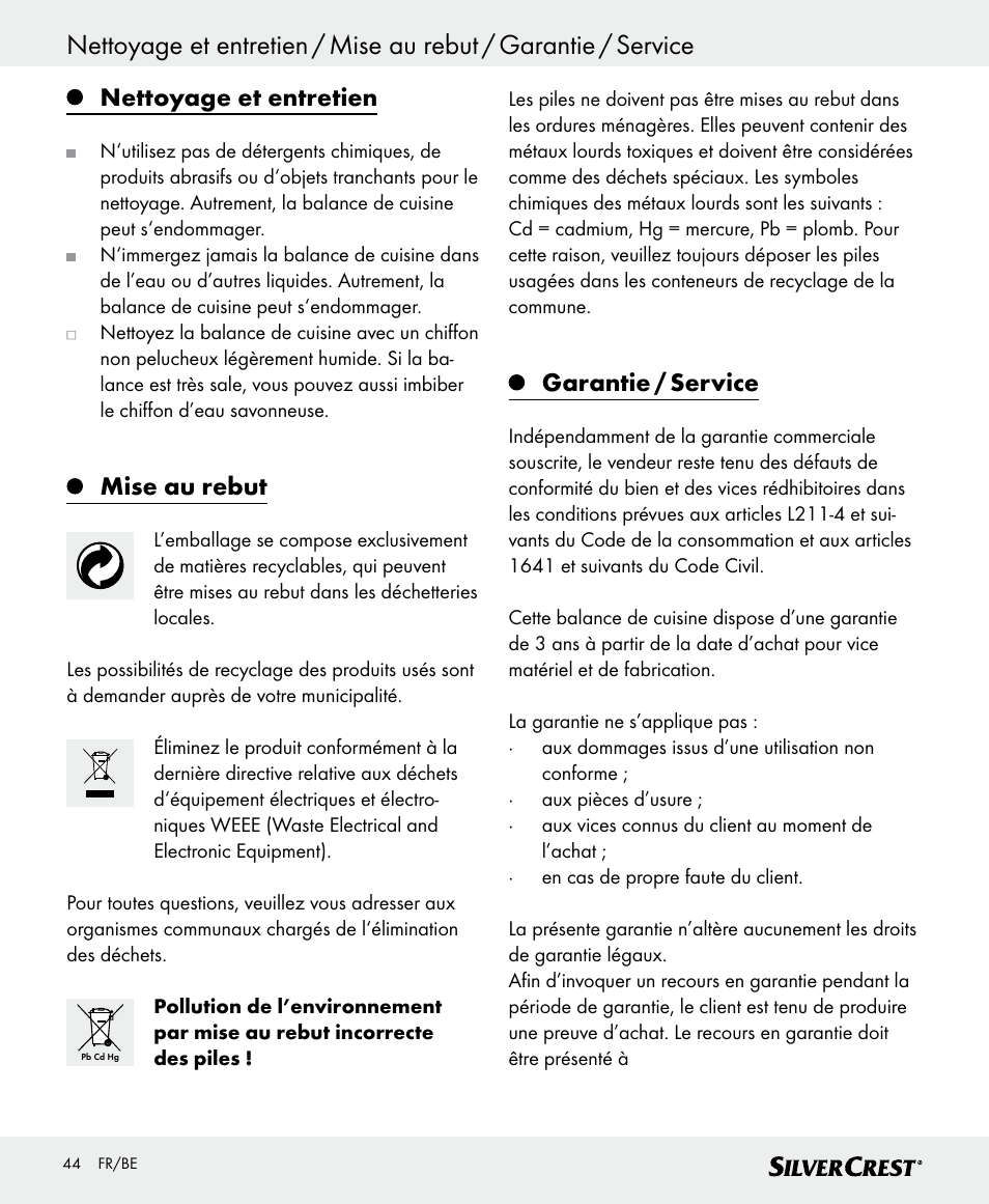 Garantie / service / déclaration de conformité, Nettoyage et entretien, Mise au rebut | Garantie / service | Silvercrest SKWD B1 User Manual | Page 44 / 66