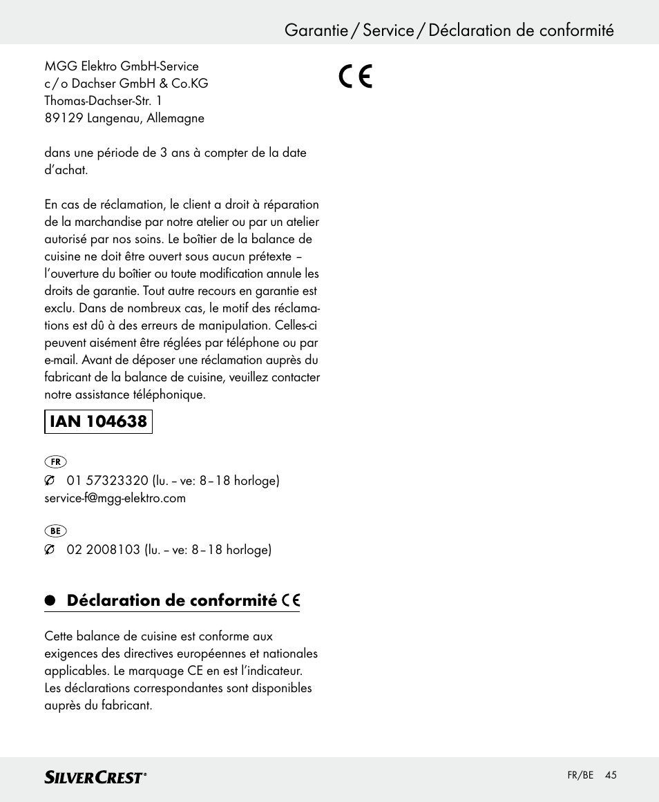 Garantie / service / déclaration de conformité, Déclaration de conformité | Silvercrest SKWD B1 User Manual | Page 45 / 66