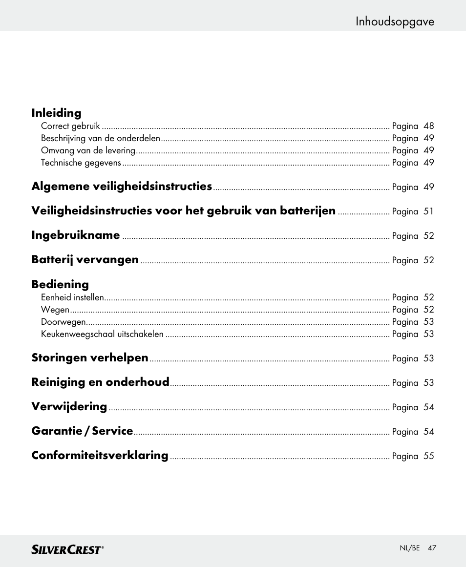 Inhoudsopgave | Silvercrest SKWD B1 User Manual | Page 47 / 66
