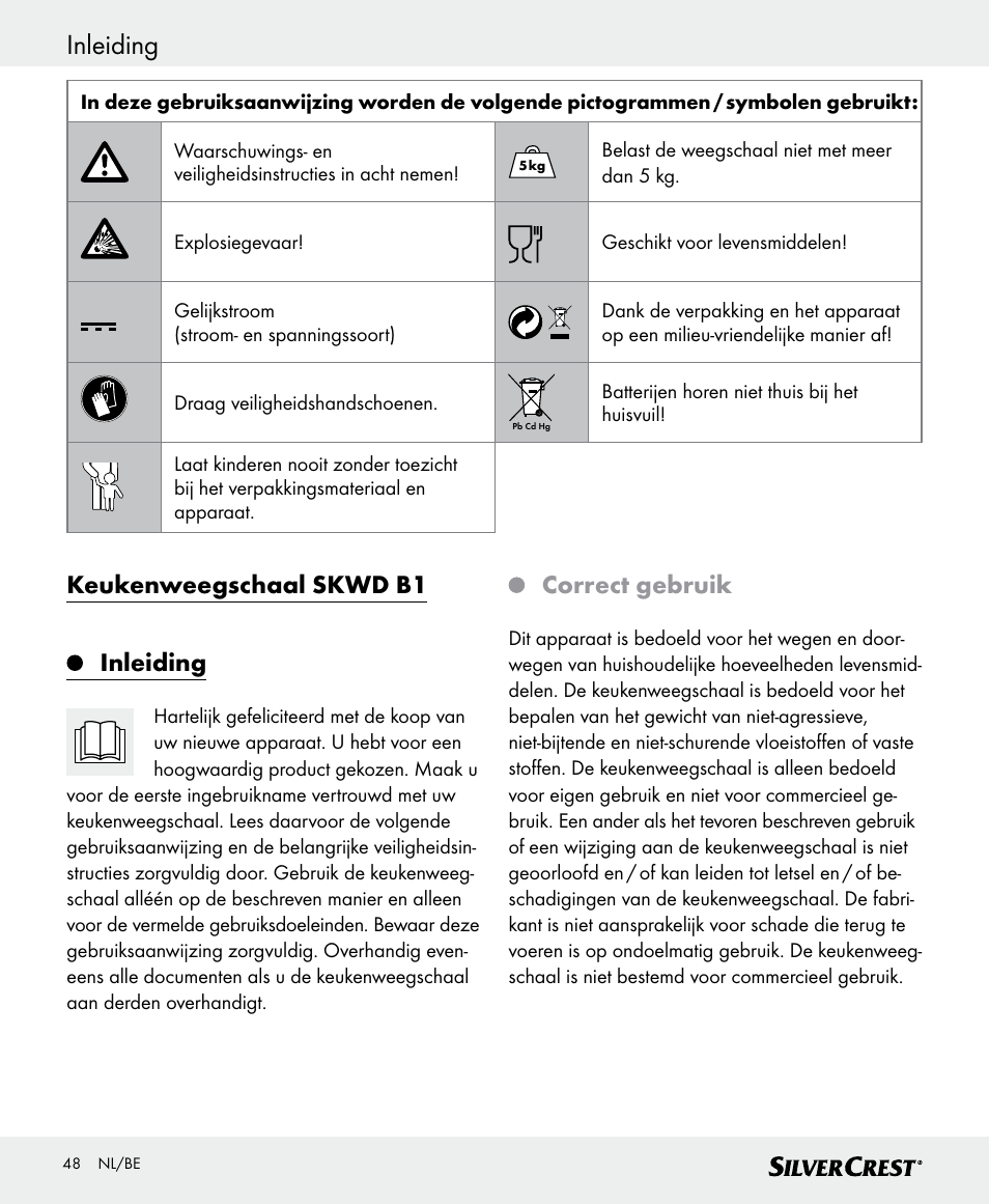 Inleiding, Inleiding / algemene veiligheidsinstructies, Keukenweegschaal skwd b1 inleiding | Correct gebruik | Silvercrest SKWD B1 User Manual | Page 48 / 66