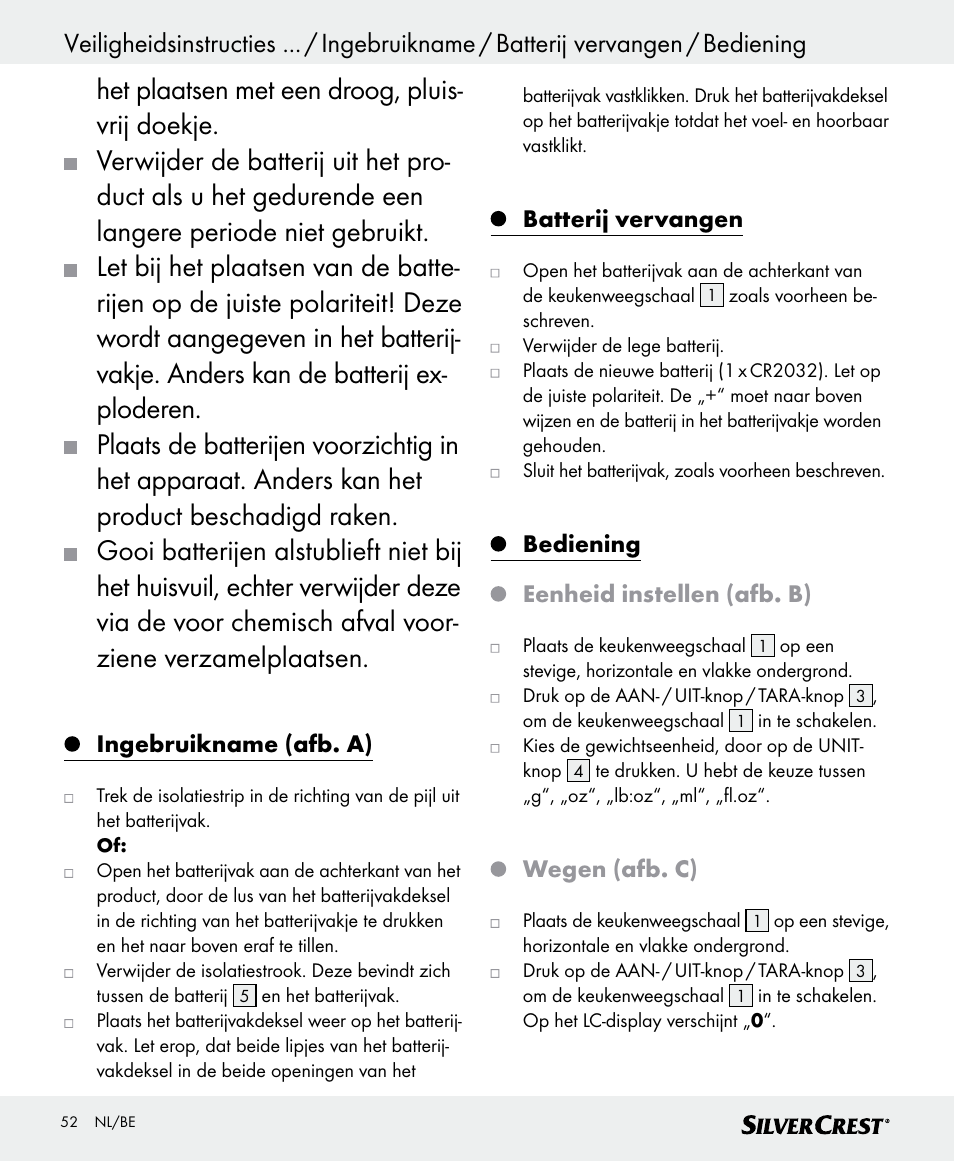 Ingebruikname (afb. a), Batterij vervangen, Bediening eenheid instellen (afb. b) | Wegen (afb. c) | Silvercrest SKWD B1 User Manual | Page 52 / 66