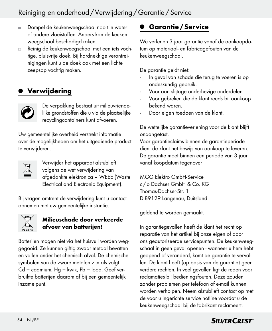 Garantie / service / conformiteitsverklaring, Verwijdering, Garantie / service | Silvercrest SKWD B1 User Manual | Page 54 / 66