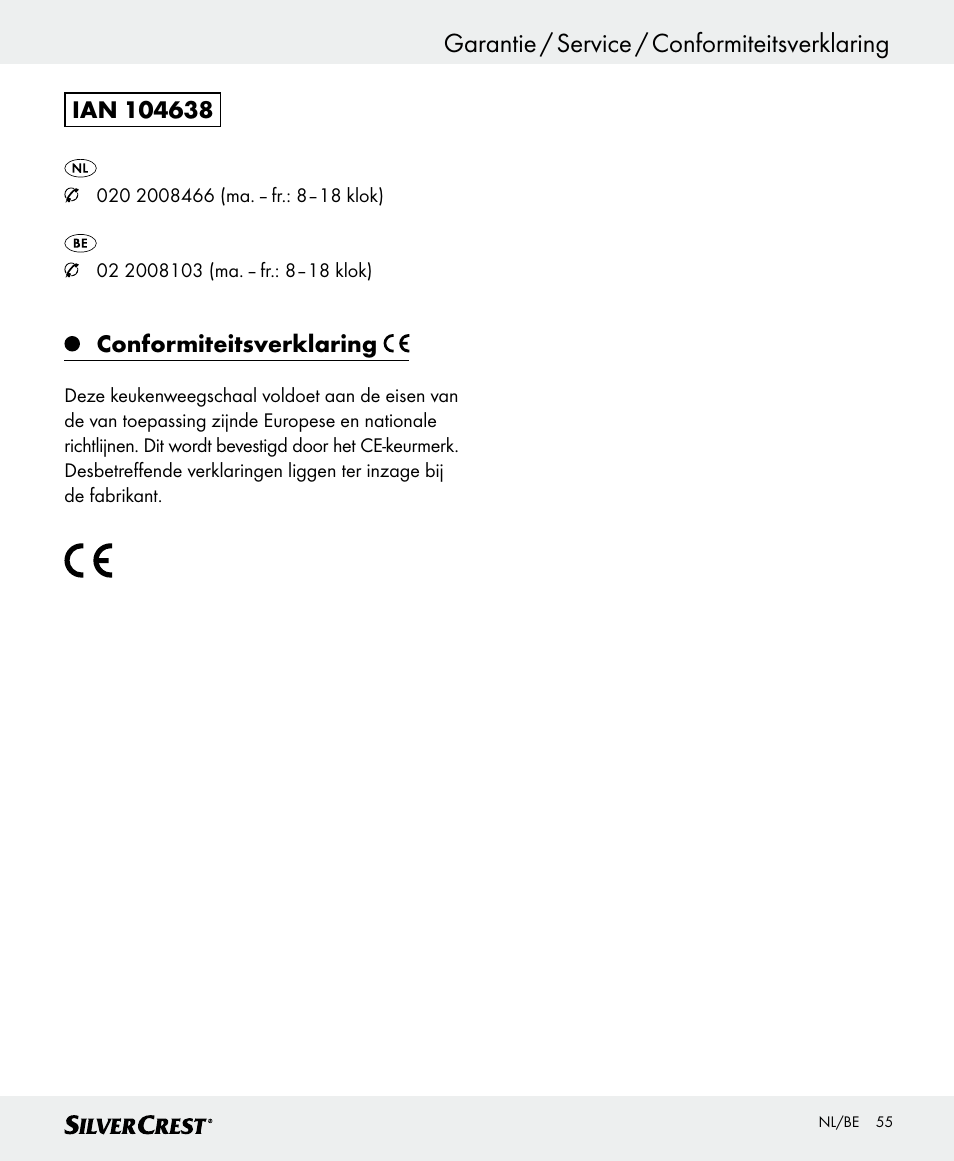 Garantie / service / conformiteitsverklaring, Conformiteitsverklaring | Silvercrest SKWD B1 User Manual | Page 55 / 66