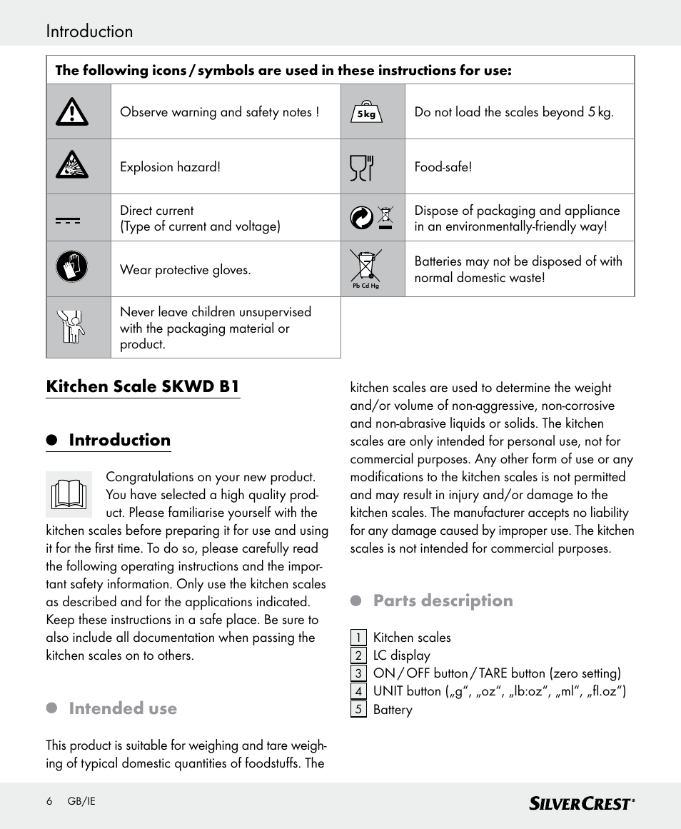 Introduction, Kitchen scale skwd b1 introduction, Intended use | Parts description | Silvercrest SKWD B1 User Manual | Page 6 / 66