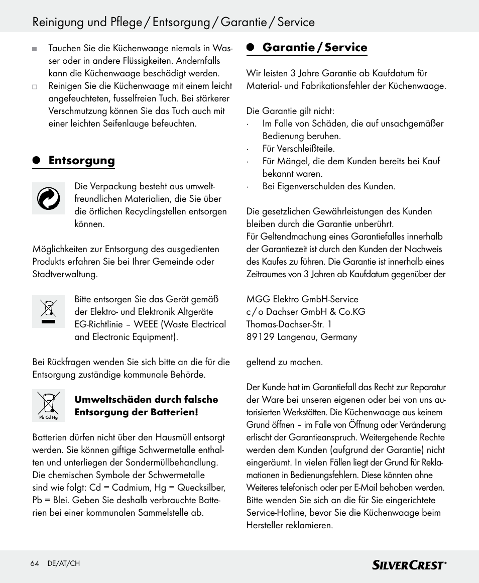 Entsorgung, Garantie / service | Silvercrest SKWD B1 User Manual | Page 64 / 66