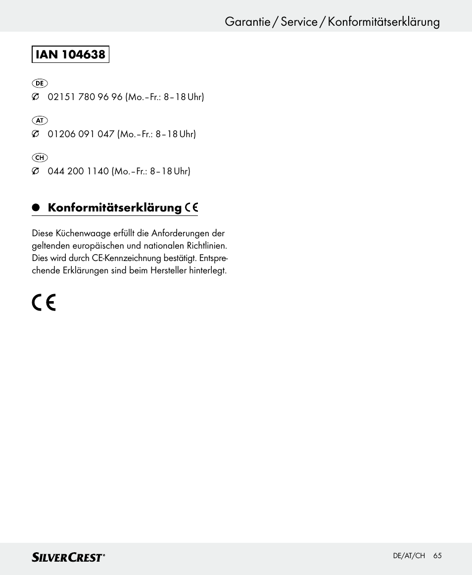 Garantie / service / konformitätserklärung, Konformitätserklärung | Silvercrest SKWD B1 User Manual | Page 65 / 66