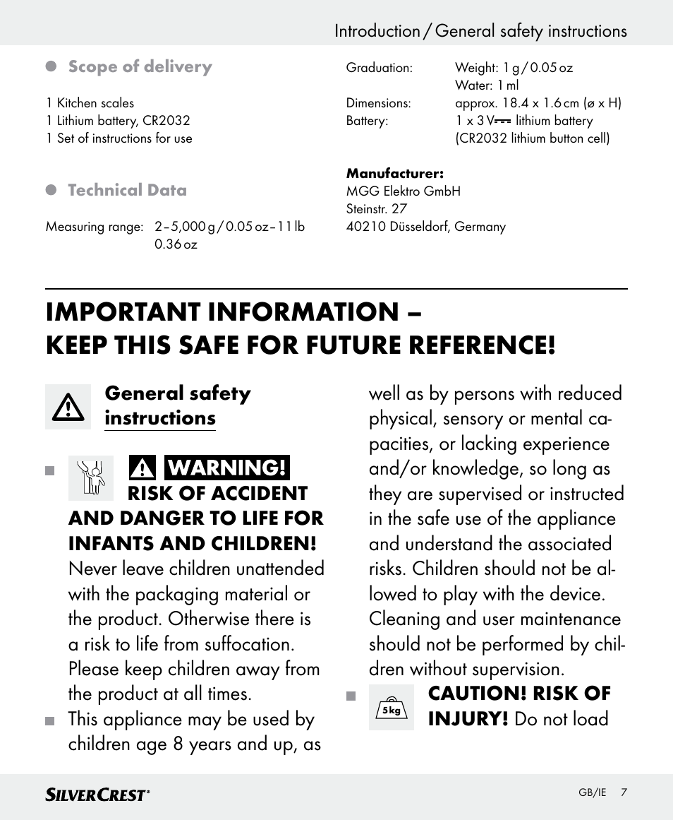 Caution! risk of injury! do not load | Silvercrest SKWD B1 User Manual | Page 7 / 66
