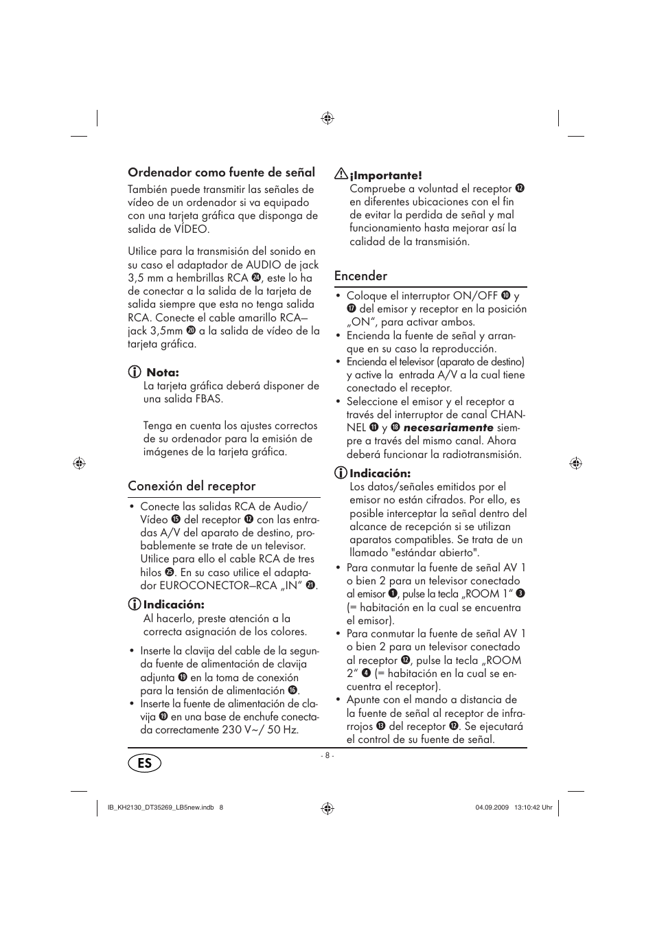 Conexión del receptor, Encender | Silvercrest KH 2130 User Manual | Page 10 / 61
