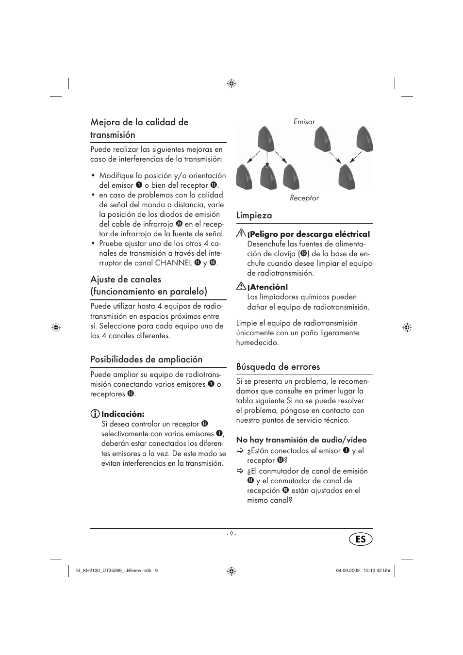 Mejora de la calidad de transmisión, Ajuste de canales (funcionamiento en paralelo), Posibilidades de ampliación | Limpieza, Búsqueda de errores | Silvercrest KH 2130 User Manual | Page 11 / 61