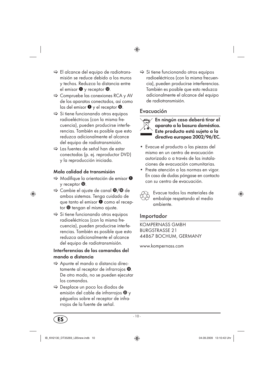 Evacuación, Importador | Silvercrest KH 2130 User Manual | Page 12 / 61
