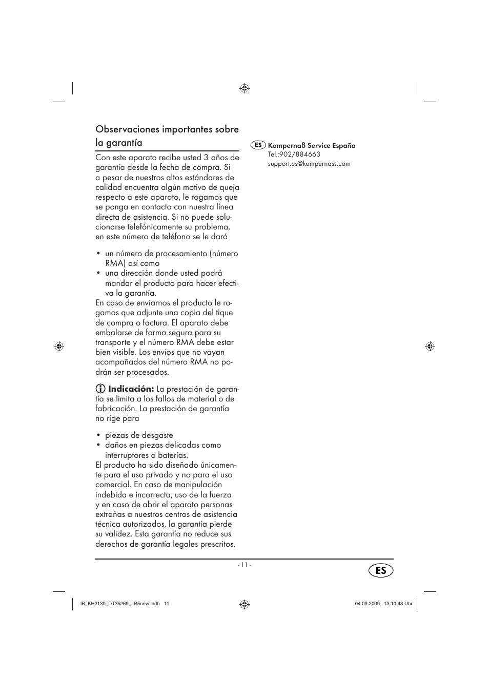 Observaciones importantes sobre la garantía | Silvercrest KH 2130 User Manual | Page 13 / 61