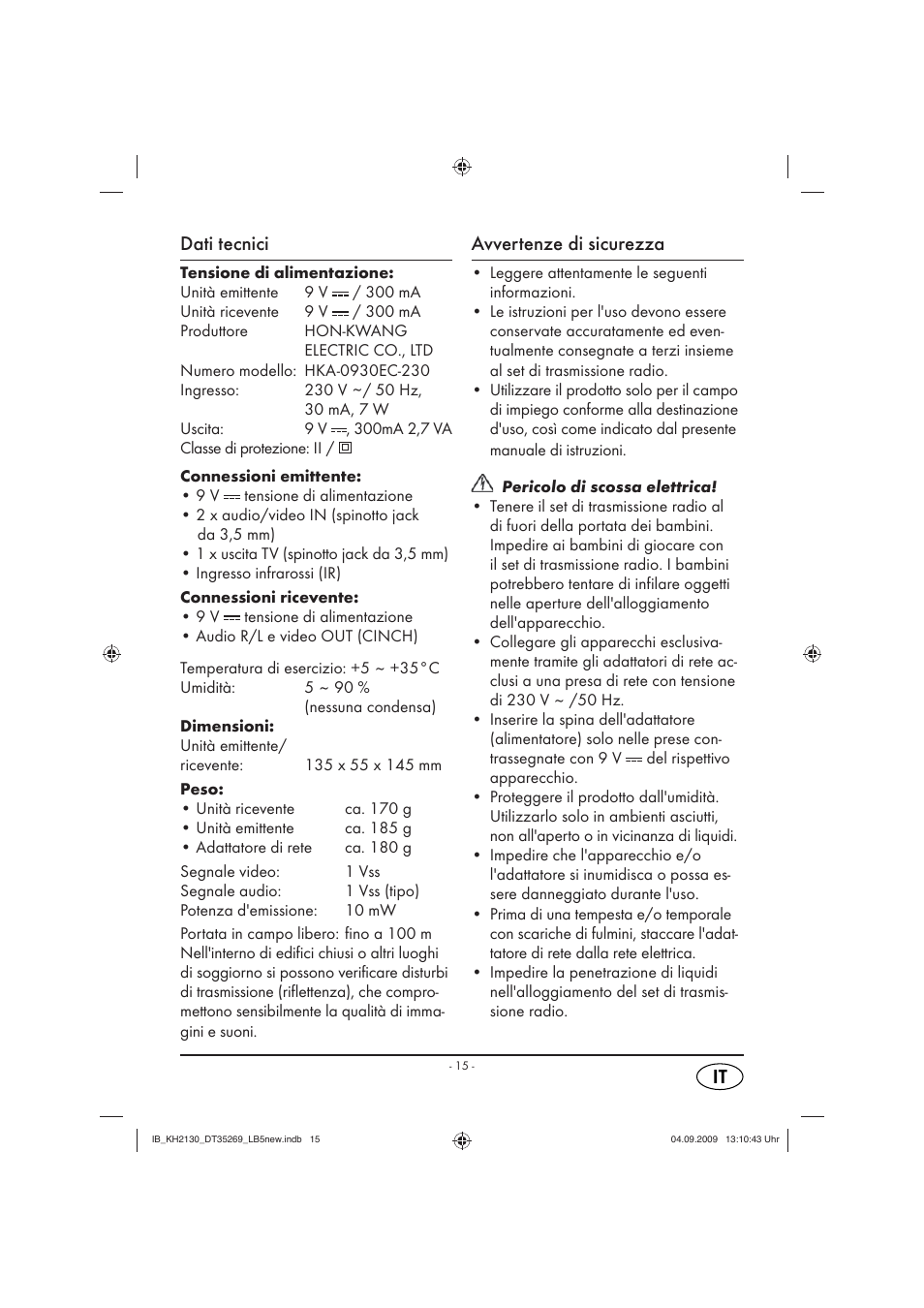 Dati tecnici, Avvertenze di sicurezza | Silvercrest KH 2130 User Manual | Page 17 / 61
